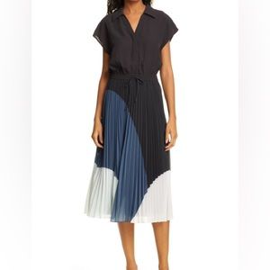 SHOANAH COLORBLOCK SHORT-SLEEVE DRAWSTRING-WAIST PLEATED DRESS IN BLACK MULTI